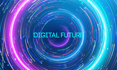 Digital future illuminated by radiant neon swirls and dynamic energy patterns. Big data and data science integration with advanced technology and artificial intelligence concepts.