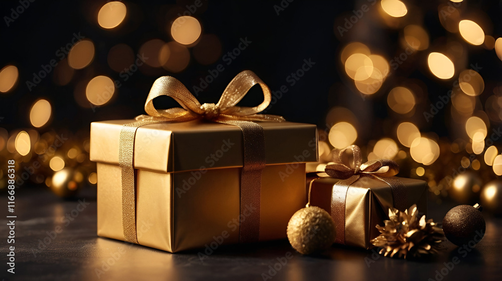 New Year's gifts wrapped in festive paper, surrounded by sparkling decorations, elegantly displayed on a rustic wooden surface