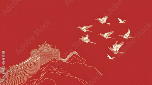 Artistic depiction of the Great Wall with birds