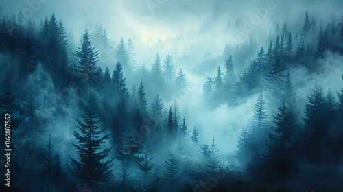 Mystical Foggy Forest at Dawn for Nature and Wilderness Themed Artwork photo