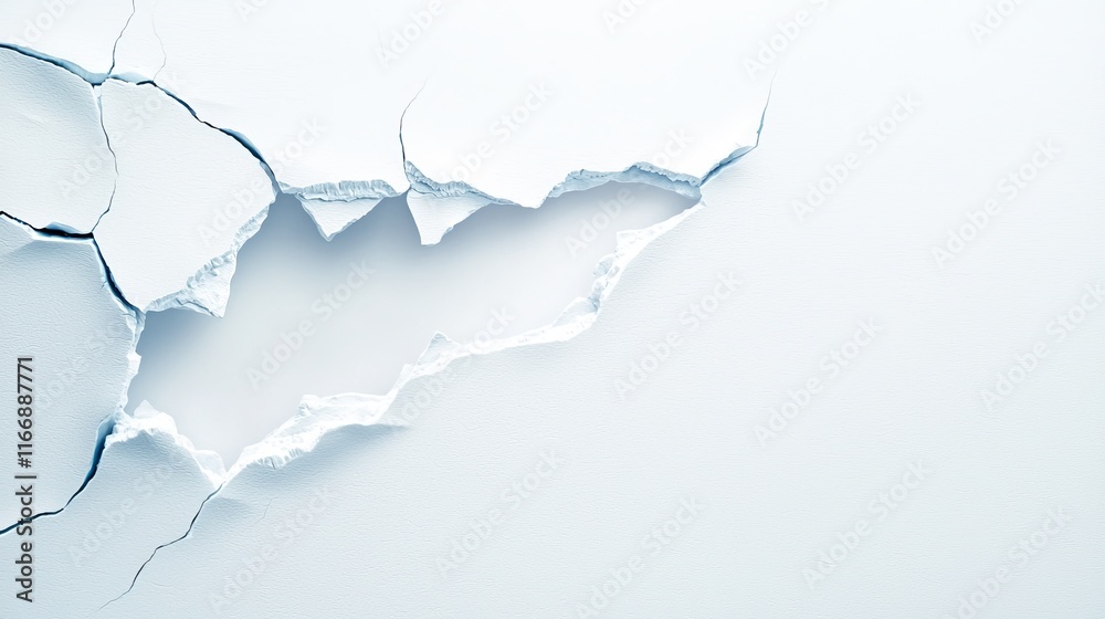 A crack in a white wall with a hole in it A crack in a white wall with a hole in it