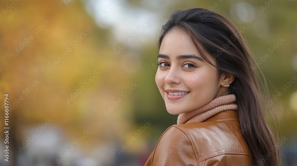 Pakistani woman in brown leather jacket at city park at sunny morning Pakistani woman in brown leather jacket at city park at sunny morning