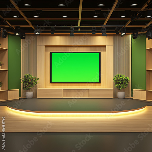Realistic 3D-Rendered TV Studio with Wall-Mounted TV, Perfect for TV Shows, News Broadcasts, and Green Screen or Chroma Key Video and Photo interior of a room with a tv