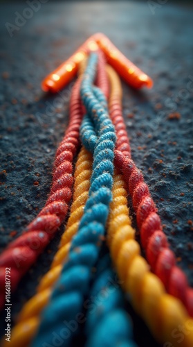 Group Of Colorful Ropes Coming Together To Form A Direction Arrow. Teamwork Concept