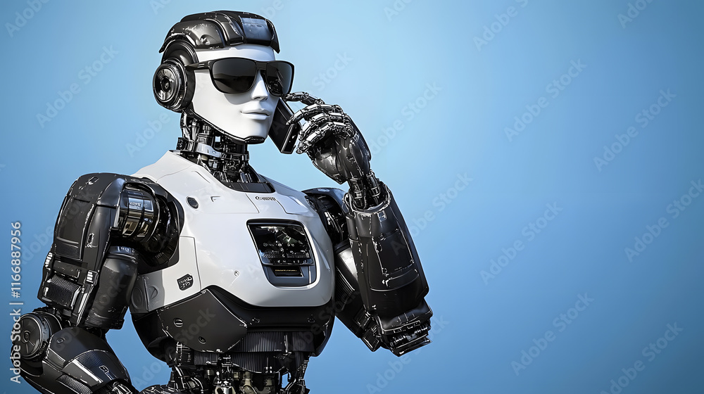 Robotic figure with sunglasses making a call Robotic figure with sunglasses making a call