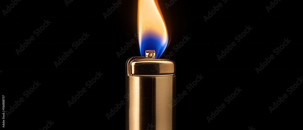 Close up of a Gold Metal Lighter with a Burning Flame Isolated on Black Background Close up of a Gold Metal Lighter with a Burning Flame Isolated on Black Background