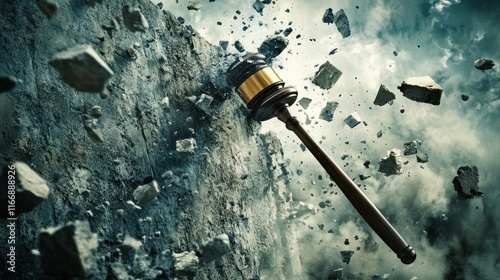 Gavel Smashes Stone Wall Into Fragments photo