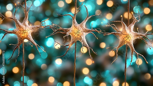 Three Neuron Cells Connected Showing Complex Branching Structures photo