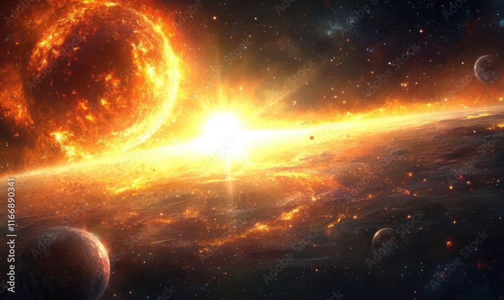 Obraz premium A vibrant cosmic scene depicting a star and surrounding planets.
