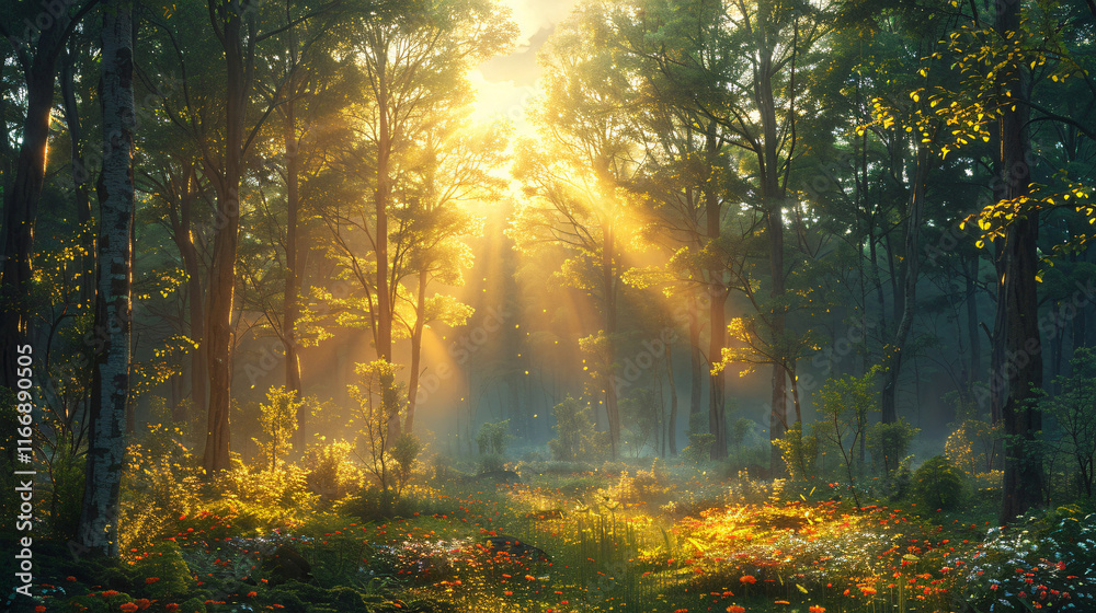 Fototapeta premium A forest with sunlight shining through the trees
