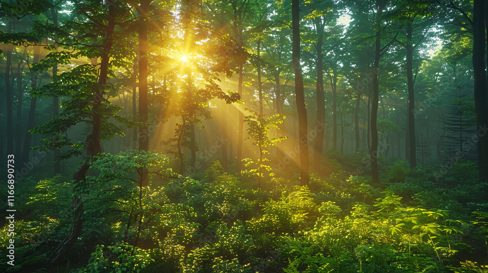 Naklejka premium A forest with sunlight shining through the trees