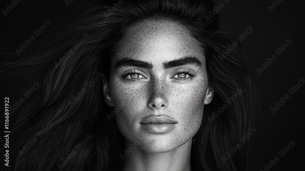 A black and white photo of a woman with freckles on her face