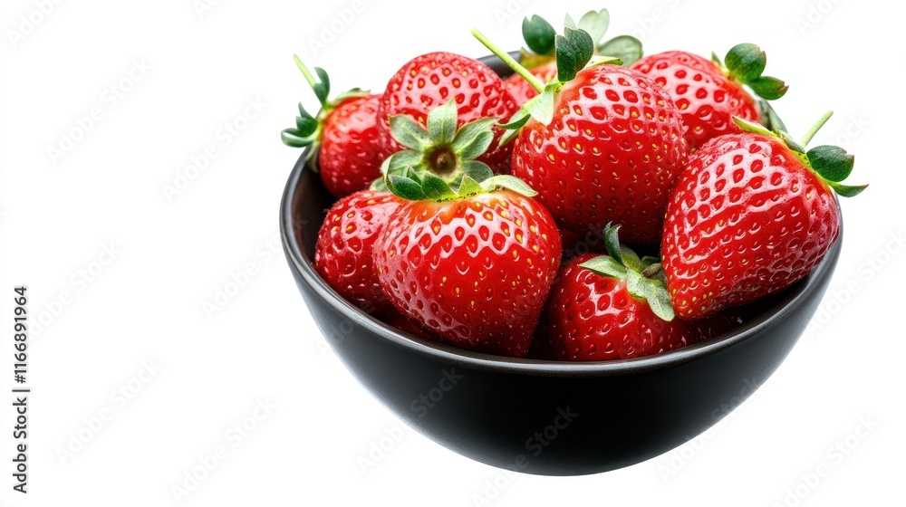 A bowl filled with fresh, ripe strawberries on a white background.