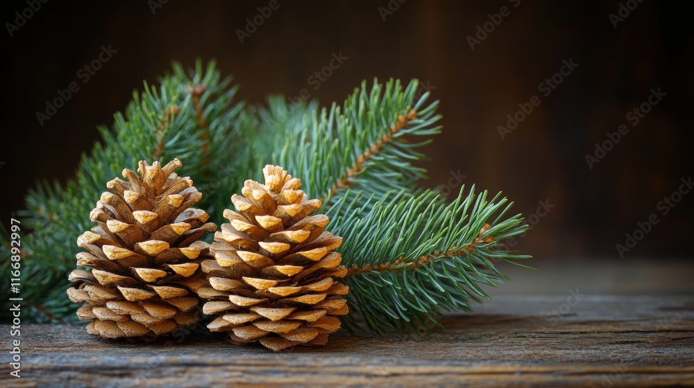 Two Pine Cones with Pine Branch on Rustic Wood Two Pine Cones with Pine Branch on Rustic Wood