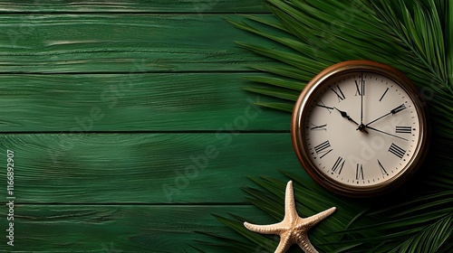 A clock and a starfish on a green wooden surface