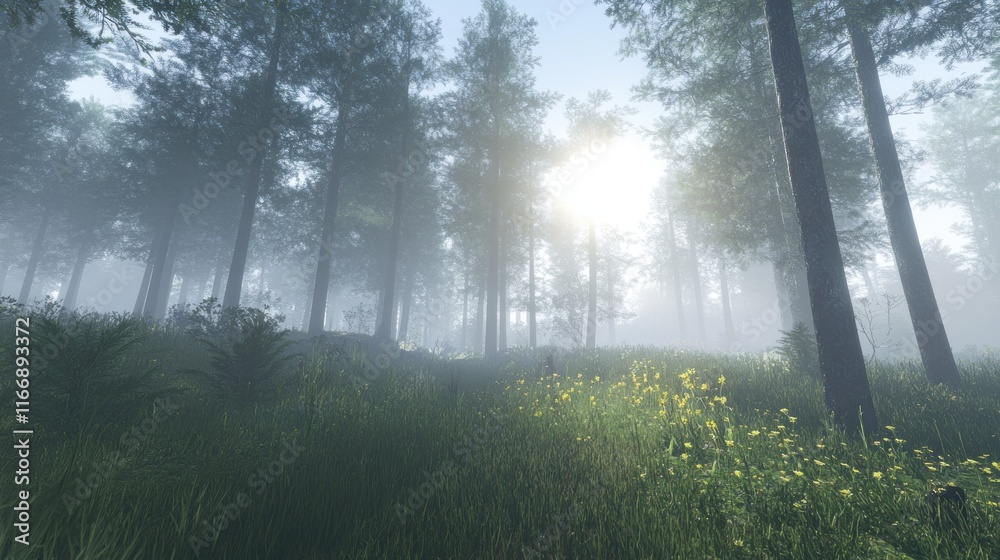 Sunlit Forest Path Misty Morning Scene Sunlit Forest Path Misty Morning Scene