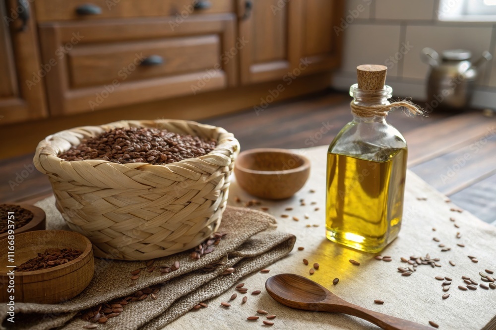 A rustic setting featuring a basket of seeds, a bottle of oil, and wooden bowls. A rustic setting featuring a basket of seeds, a bottle of oil, and wooden bowls.