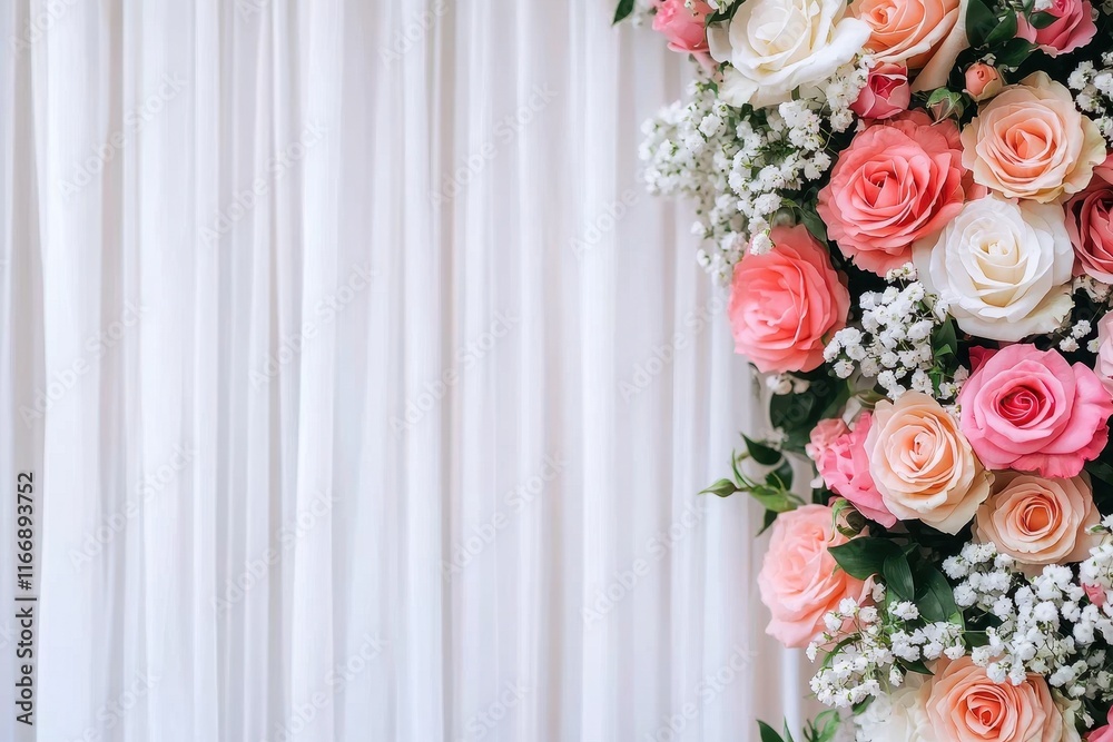 Obraz premium Elegant Wedding Floral Arrangement with Pink and White Roses against White Drape
