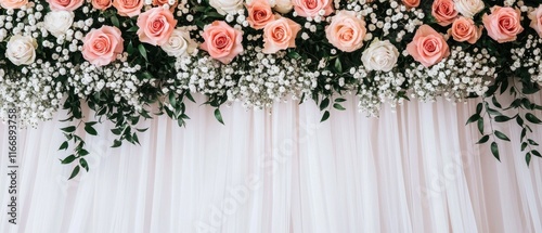 Elegant Wedding Backdrop Pink Roses Baby s Breath Sheer Drapes photo