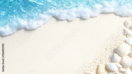 A beach scene with shells on the sand and the ocean