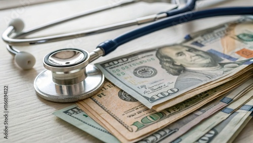 A stethoscope rests on a pile of cash, symbolizing the intersection of healthcare and finance.