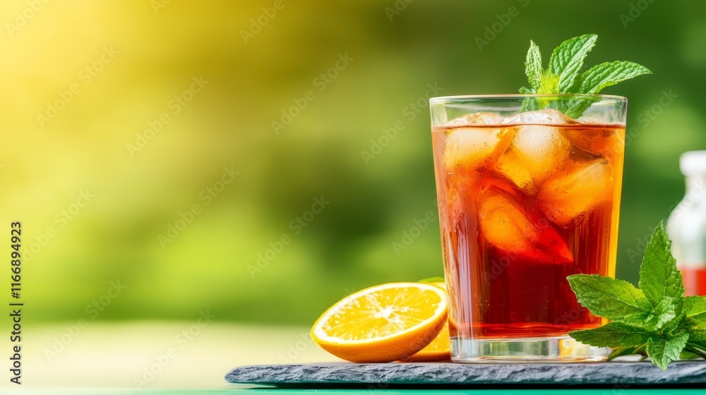A glass of iced tea with a slice of orange next to it