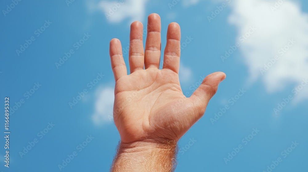 A man's hand reaching up to the sky with clouds in the background A man's hand reaching up to the sky with clouds in the background