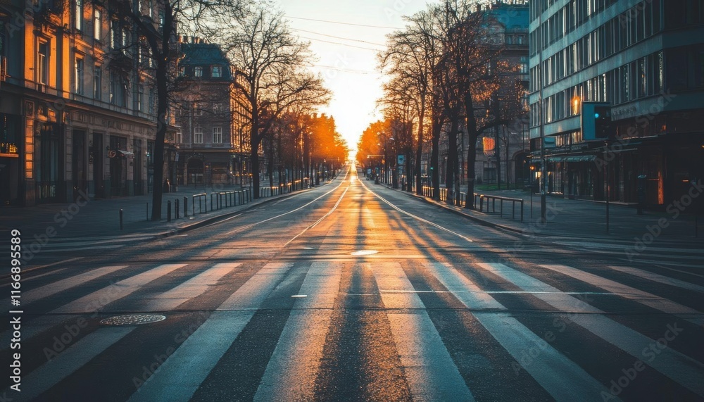 A serene street scene at sunset, highlighting the empty road and shadows. A serene street scene at sunset, highlighting the empty road and shadows.