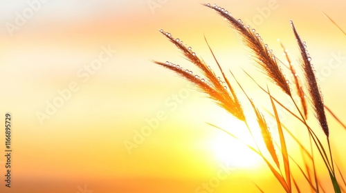 Silhouetted grass at sunset with dew drops glistening.