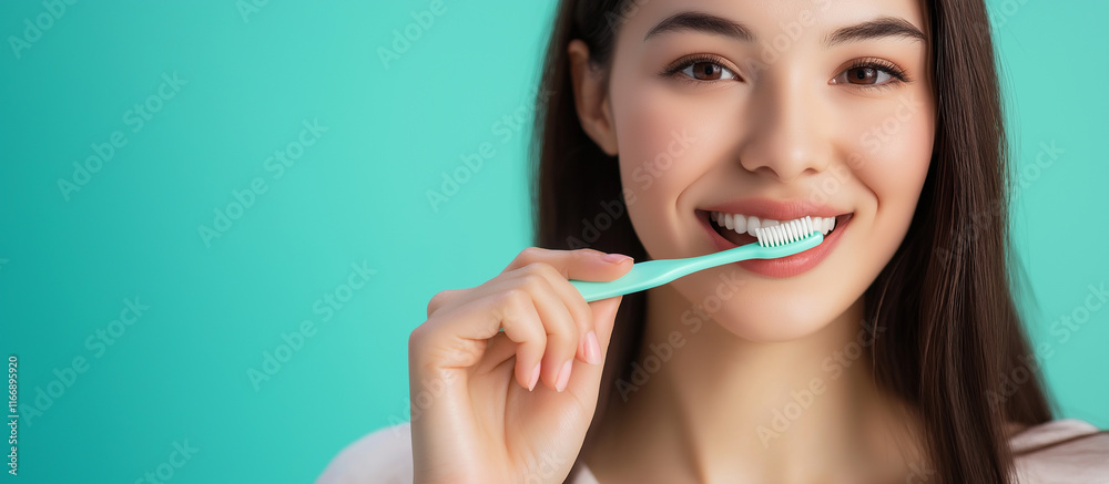 Young brunette smiling while brushing her teeth with a turquoise toothbrush on blue background - concept of dental care Young brunette smiling while brushing her teeth with a turquoise toothbrush on blue background - concept of dental care