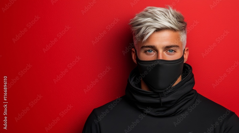 A man wearing a black face mask against a red background A man wearing a black face mask against a red background