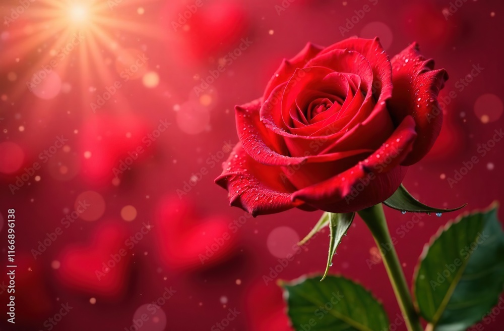 Red rose and hearts on a bokeh-style background: Valentine's Day celebration and romantic concept. A bright red rose with delicate petals covered with fresh dewdrops