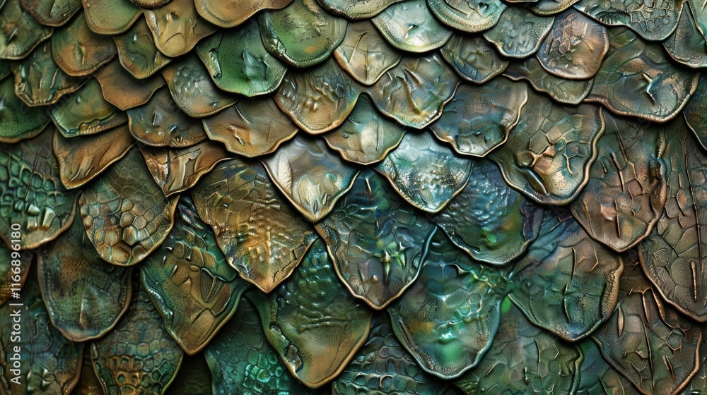 Fototapeta premium Close-up of textured scales with a metallic sheen and vibrant colors.