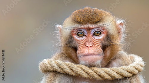A monkey with a rope around its neck