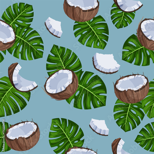 Tropical summer seamless pattern with coconuts and exotic leaves. Hawaiian bright fruit background for summer fabric designs, wallpapers and more. Blue background.