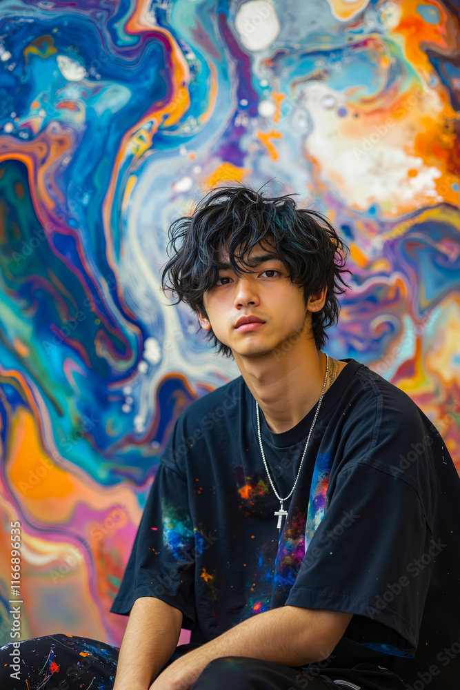 A young man sitting in front of a colorful painting A young man sitting in front of a colorful painting