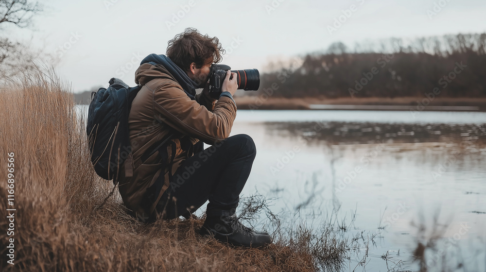 Professional wildlife photographer crouching by a calm lake and focused on capturing a shot of wild bird Professional wildlife photographer crouching by a calm lake and focused on capturing a shot of wild bird