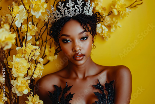 A woman wearing a tia with flowers in the background photo