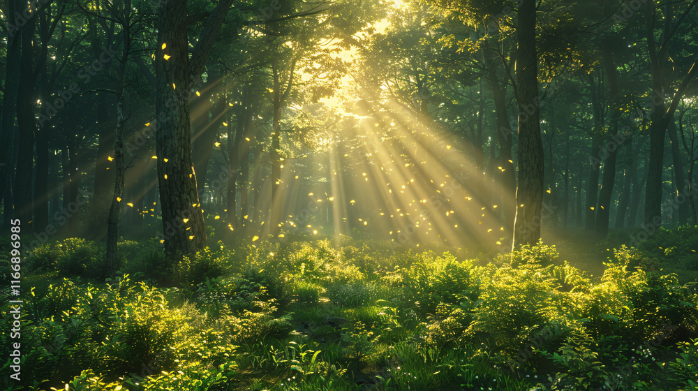 Obraz premium A verdant forest carpeted with emerald foliage, sunlight filtering through the canopy and dappling the forest floor with specks of gold. Concept of rejuvenation and tranquility