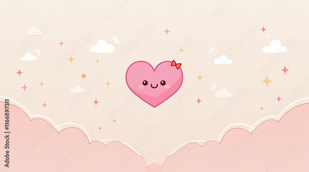Cute Heart Character Surrounded by Clouds and Sparkles in a Whimsical Pink Atmosphere Cute Heart Character Surrounded by Clouds and Sparkles in a Whimsical Pink Atmosphere