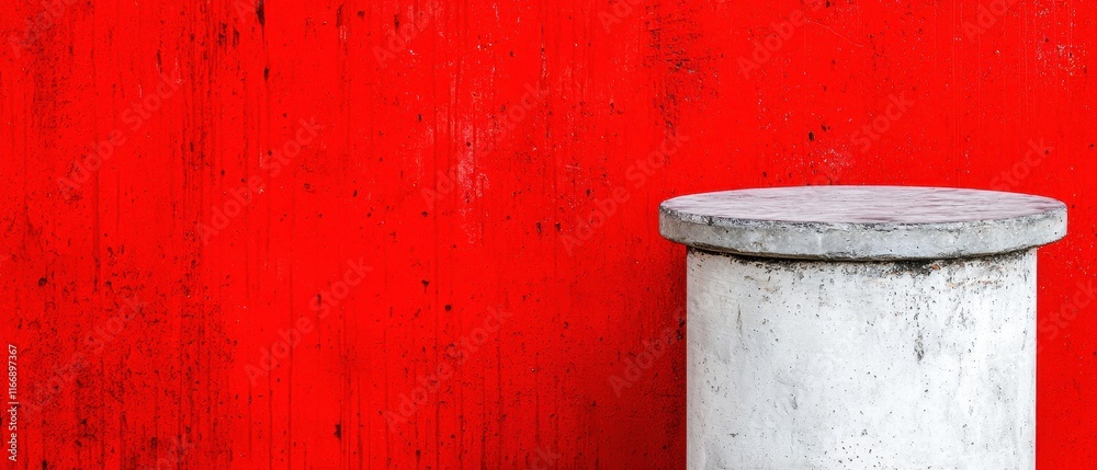 Obraz premium Concrete Pedestal Against Vibrant Red Wall Minimalist Architectural Background