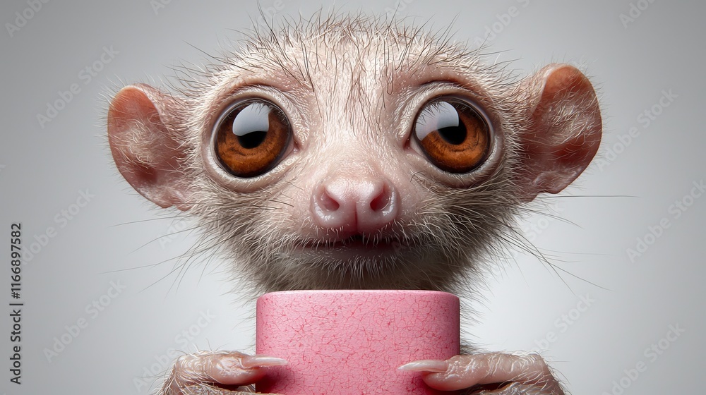 Obraz premium A small animal holding a pink cup in its hands