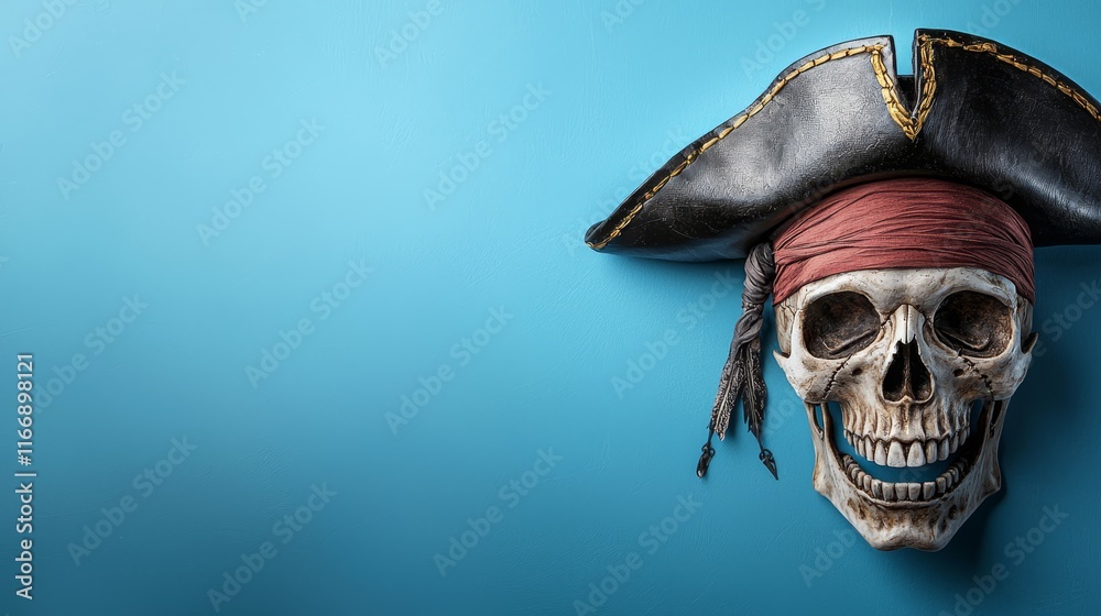 Fototapeta premium A skull wearing a pirate hat on a blue background