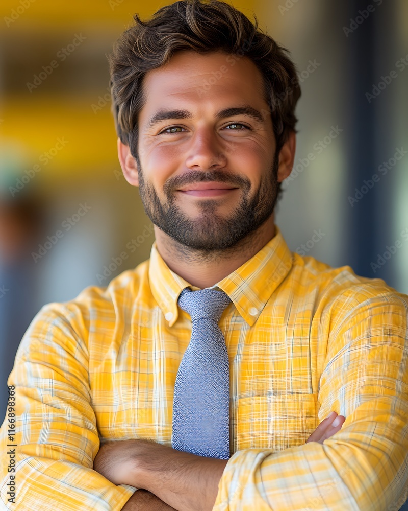 Portrait of a Smiling Man in a Yellow Plaid Shirt
