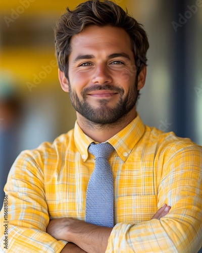 Obraz na płótnie Portrait of a Smiling Man in a Yellow Plaid Shirt w salonie