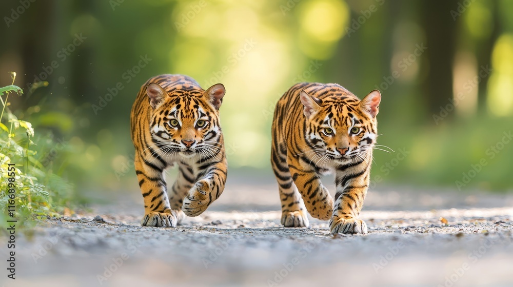 Obraz premium Two tigers walking down a dirt road in the woods