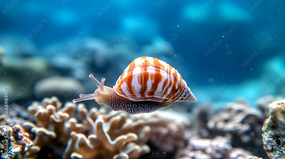 Underwater snail gliding over coral reef, ocean background, marine life, nature photography, suitable for educational materials. Underwater snail gliding over coral reef, ocean background, marine life, nature photography, suitable for educational materials.