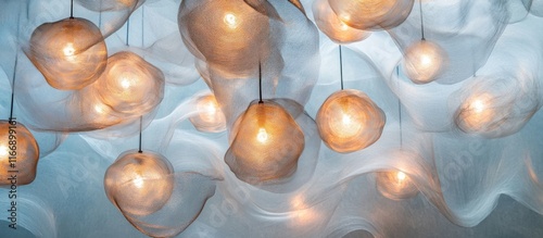 Elegant and contemporary glass pendant lights of various sizes hanging in a minimalist modern interior creating a warm captivating and ambient lighting display