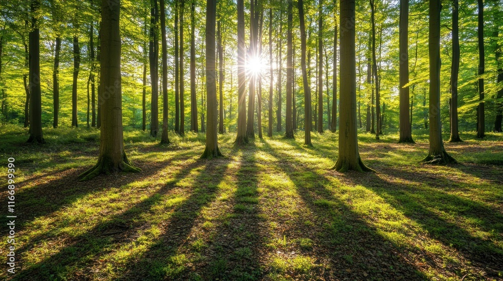 Fototapeta premium Sunlit Forest Path Through Tall Trees In Spring