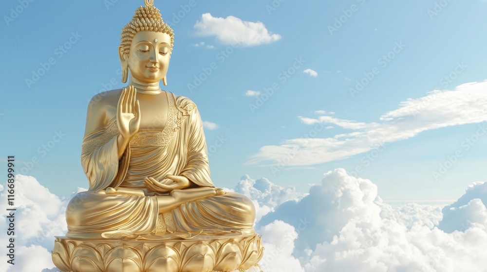 Obraz premium Serene Golden Buddha Statue on Heavenly Cloud in Endless Sky 3D Render Digital Artwork